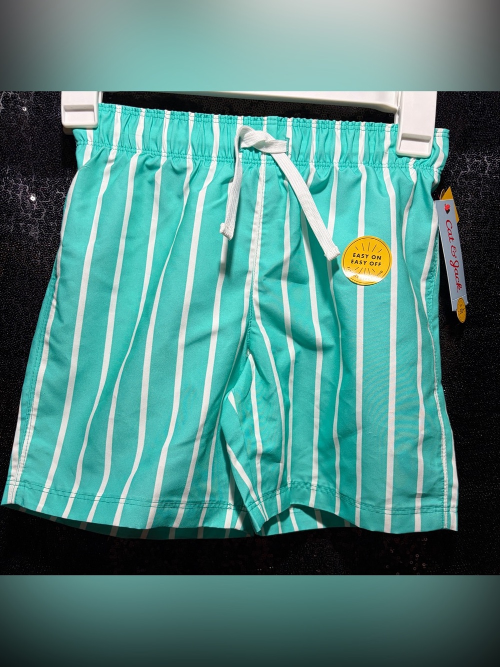 Cat & Jack Striped Aqua & White Drawstring Swim Shorts M 8